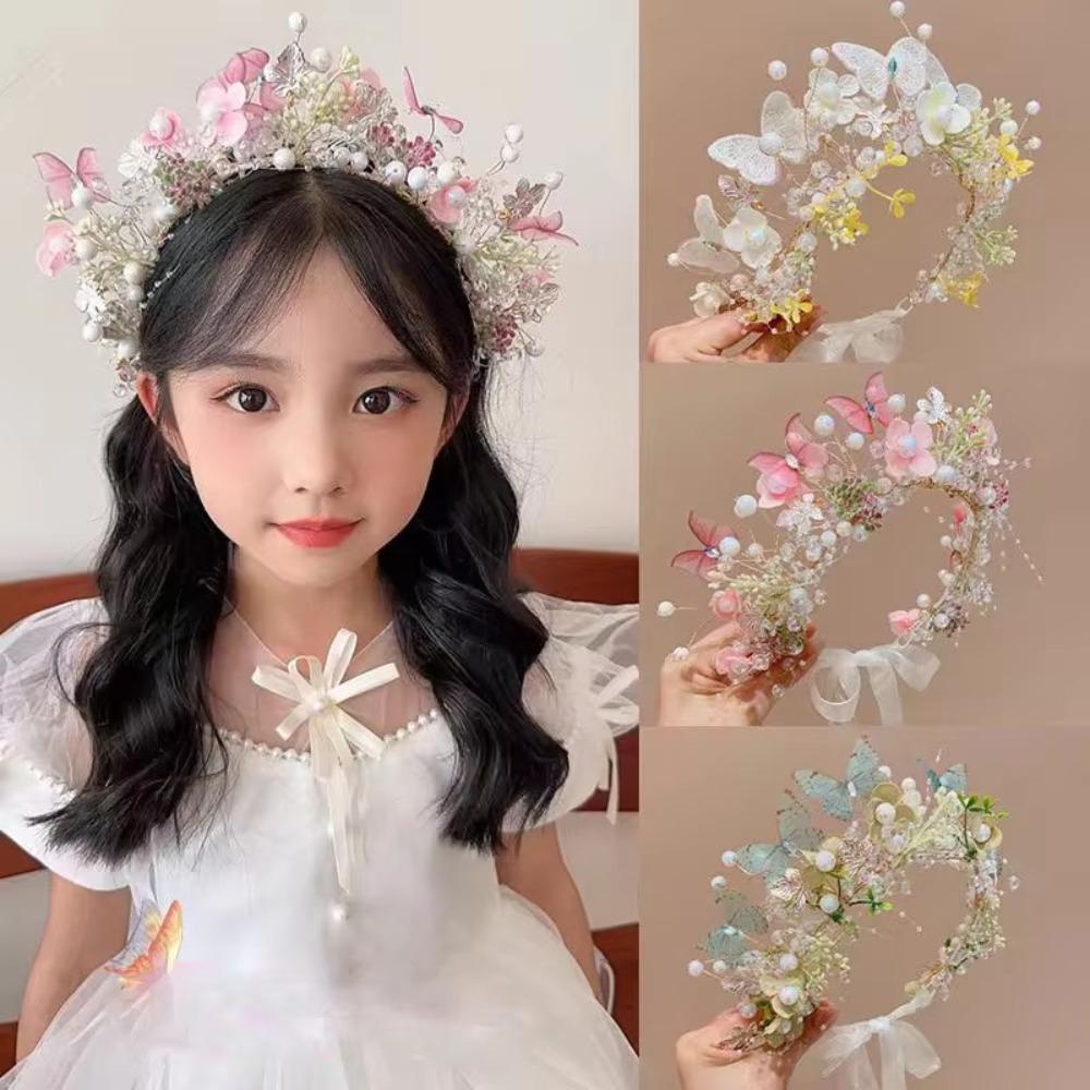 Pearl Princess Headband Butterfly Floral Crown Head Hoop Beautiful Child Wreath for Girls