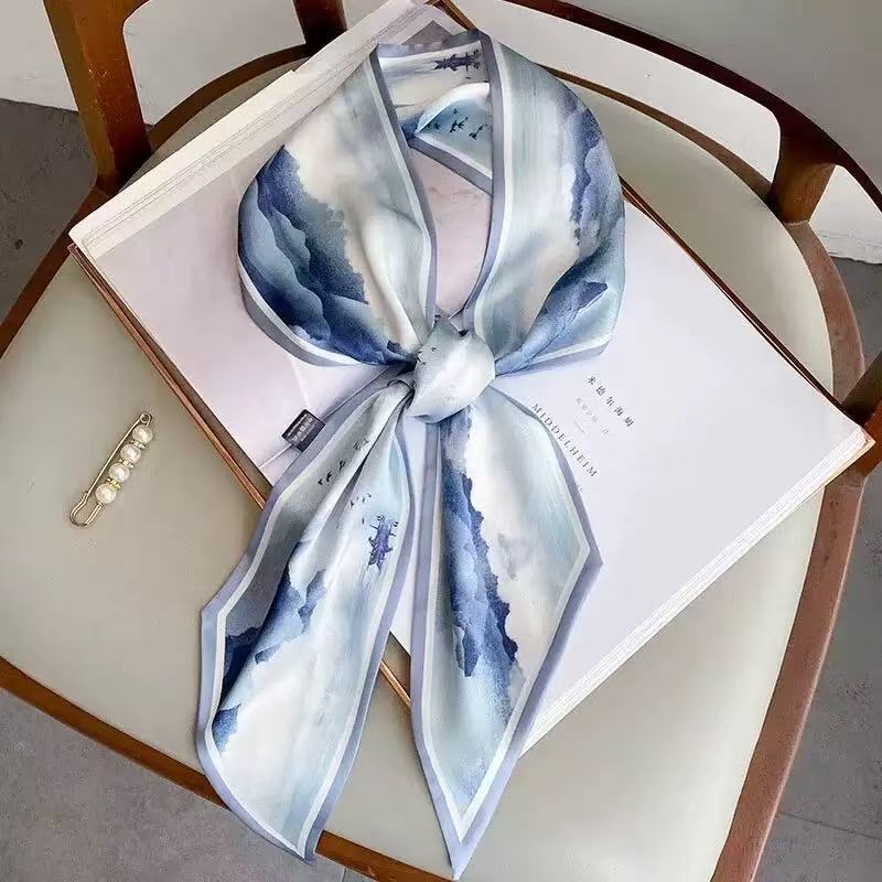 Thin and Narrow Long Silk Scarf Imitation Silk Versatile Decorative Scarf Fashionable Pointed Corner Headband Strap Streamer Striped Silk Scarf