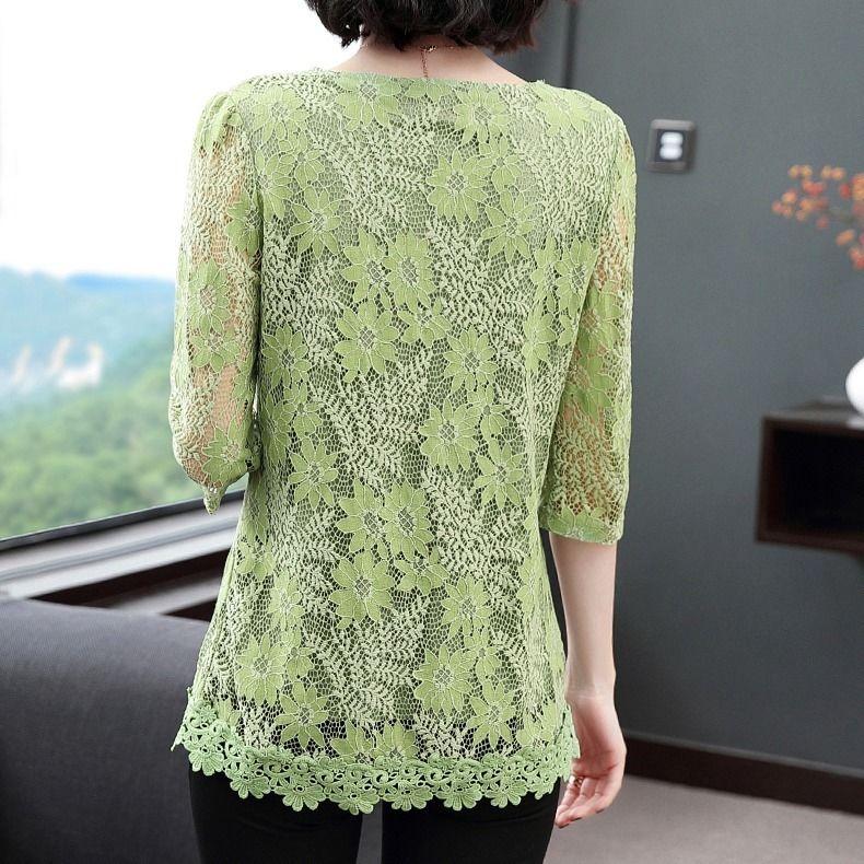 Lace 3/4 Sleeve Plus Size Women's Top Autumn T-shirt Versatile Belly Covering Westernized Shirt