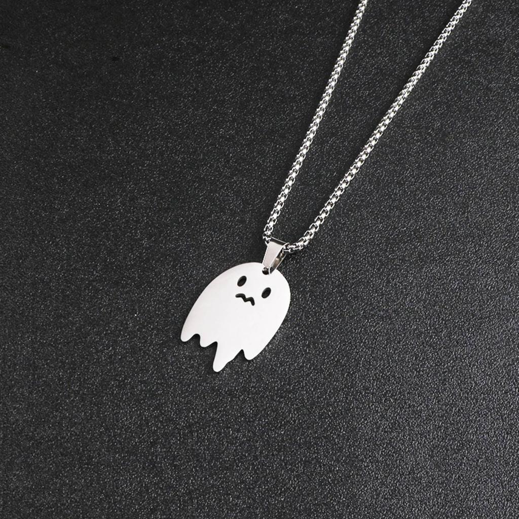 Sad Ghost Pendant Necklace for Women Men Stainless Steel Jewelry Halloween Child's Gift
