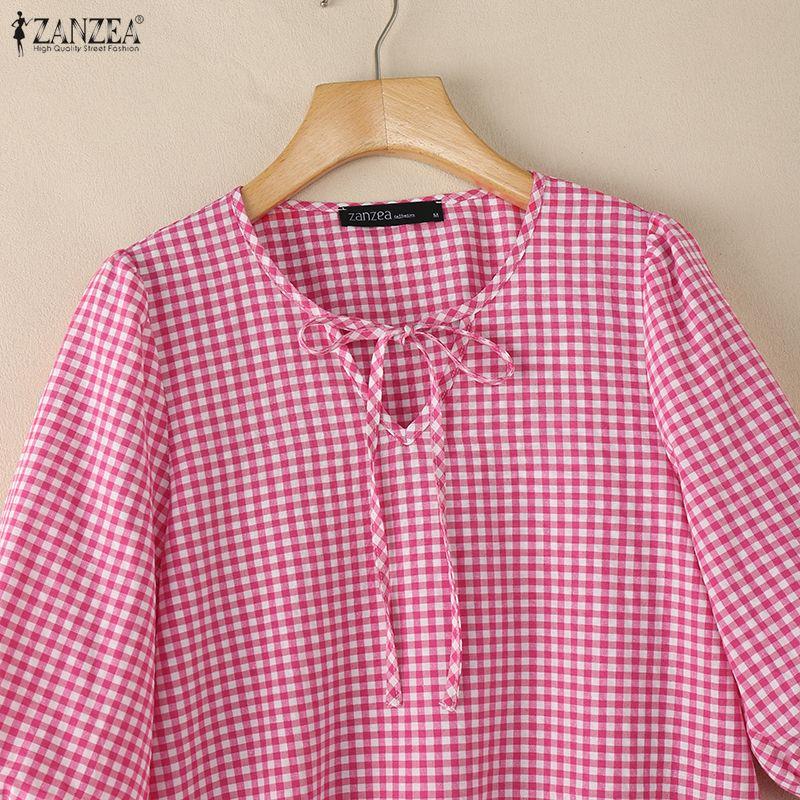 ZANZEA Women Plaid Print Casual Roujnd Neck 3/4 Sleeve Loose Blouse