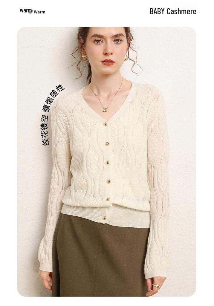 2024 Autumn/Winter Slimming V-Neck Hollow Knit Cashmere Cardigan