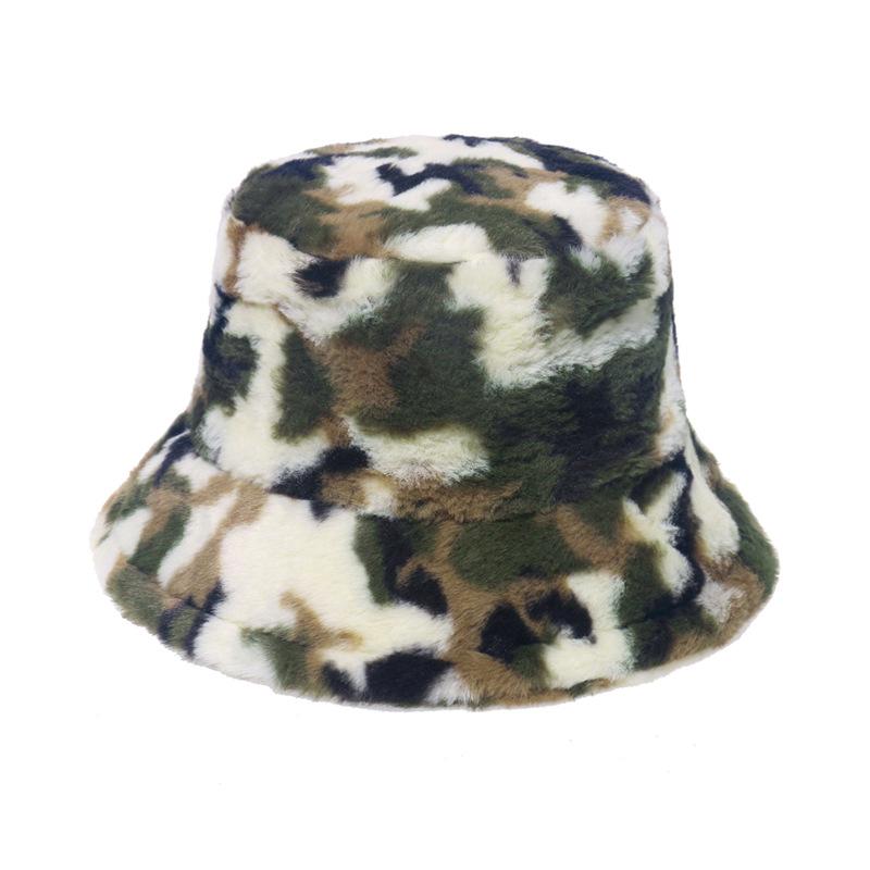 Autumn and Winter New Fashion Imitation Rabbit Plush Pot Hat Printing Camouflage Bucket Hat Thermal Hat Men and Women Foreign Trade Europe