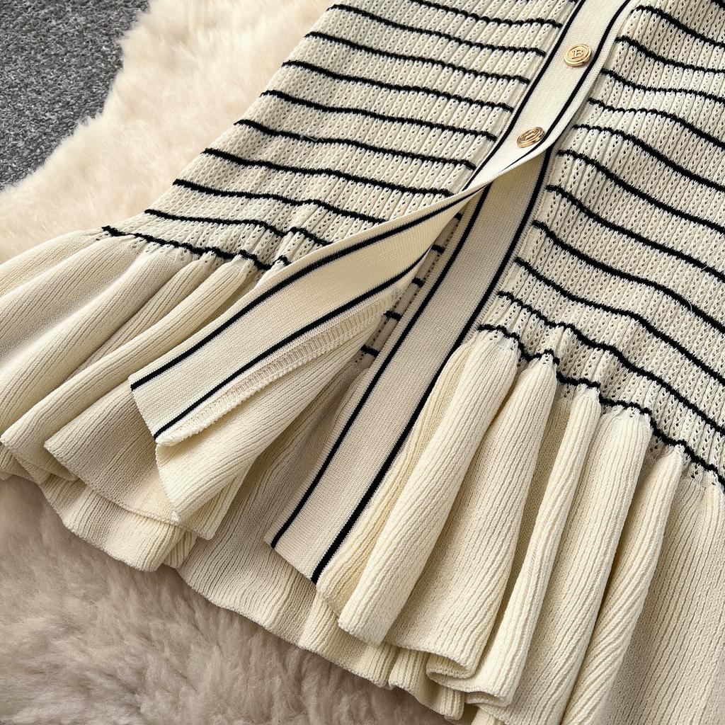 Autumn Winter Women Casual V-neck Three Quarter Sleeve Striped Knitted Sweater Long Midi Fishtail Dresses