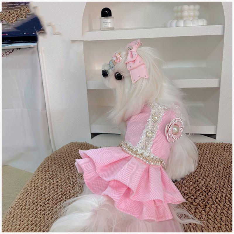Girly Pink Puppy Dress Camellia Pearl Chain Lace Trim Princess Bow Headband Warm Pet Clothes Chihuahua Small Dogs Winter Outfit