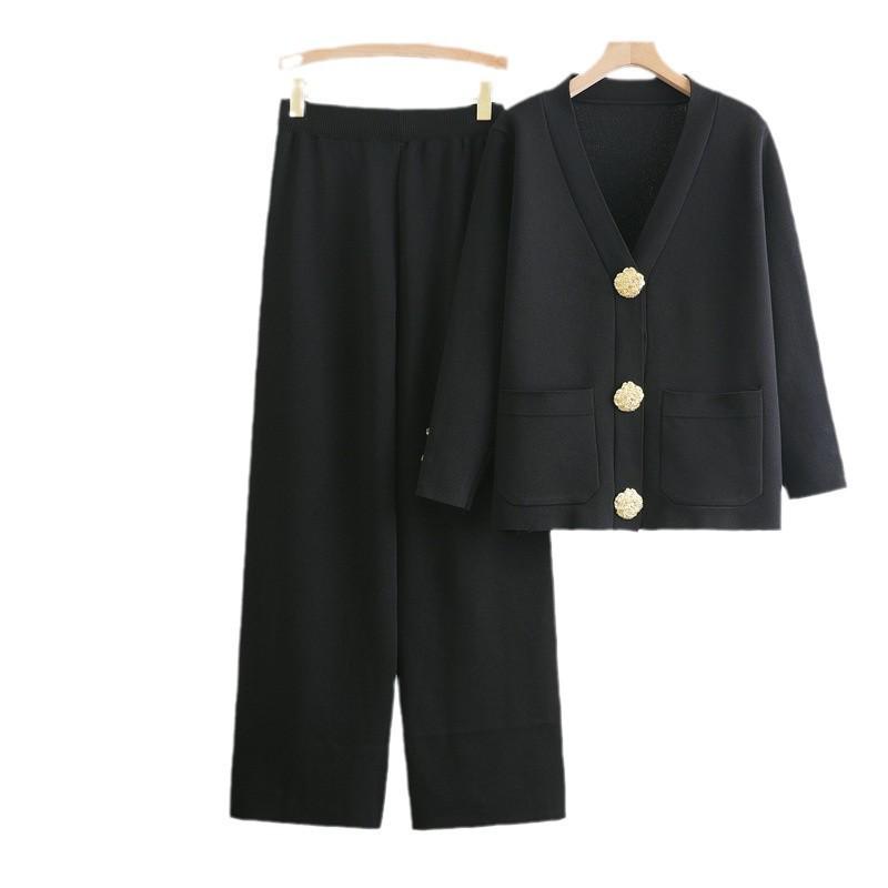Autumn-Winter V-Neck Cardigan & Wide-Leg Pants Knit Set