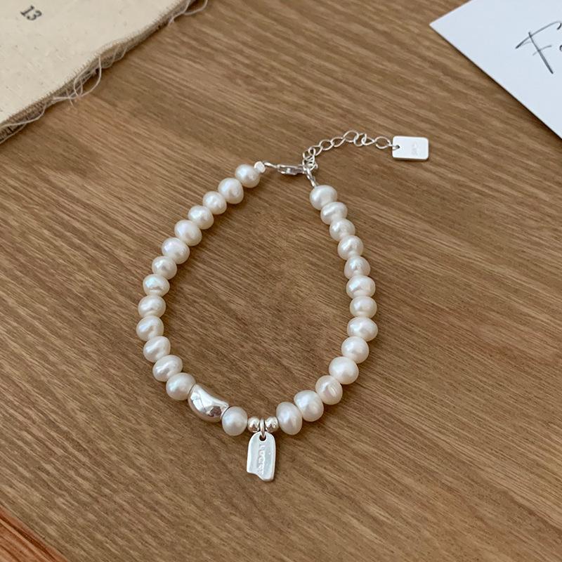 Sterling Silver Personalized Pearl Bead Bracelet for Women - Simple, Fashionable, Stackable Geometric Hand Jewelry.