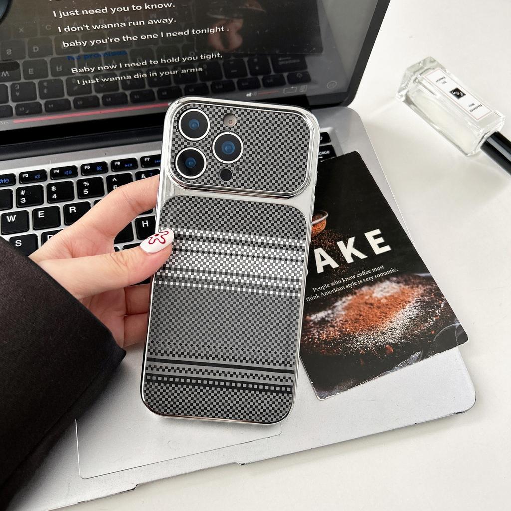 Carbon Fibre Kevlar Texture PC Phone Case For iPhone 17 16 15 14 13 Pro Max Plating Large Window Shockproof Bumper Cover