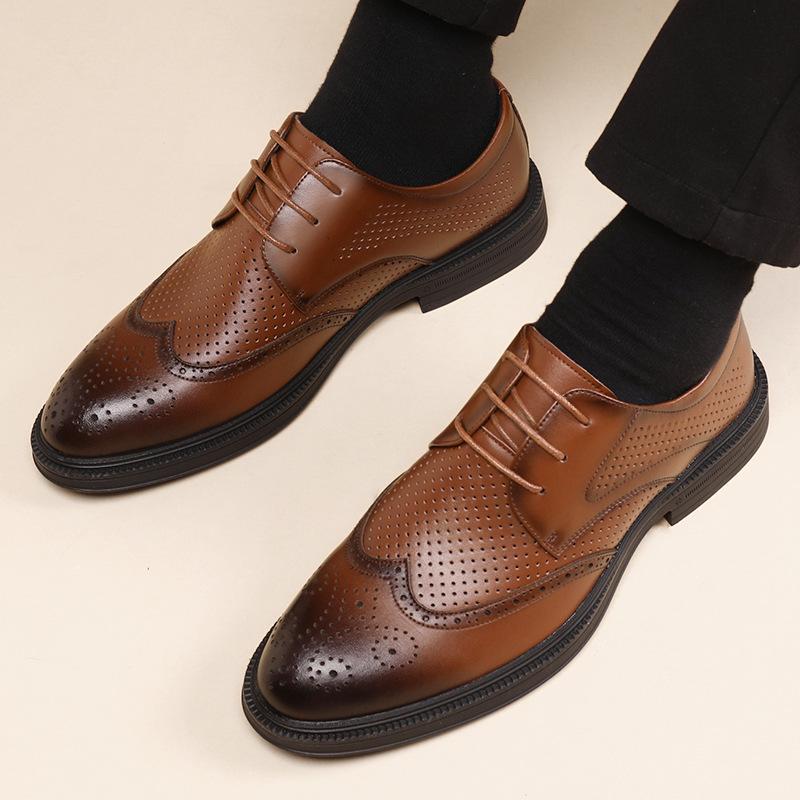 Leather Shoes Men's Brock Business Dress Hollow Leather Shoes Summer Breathable Men's Wedding Groom Shoes