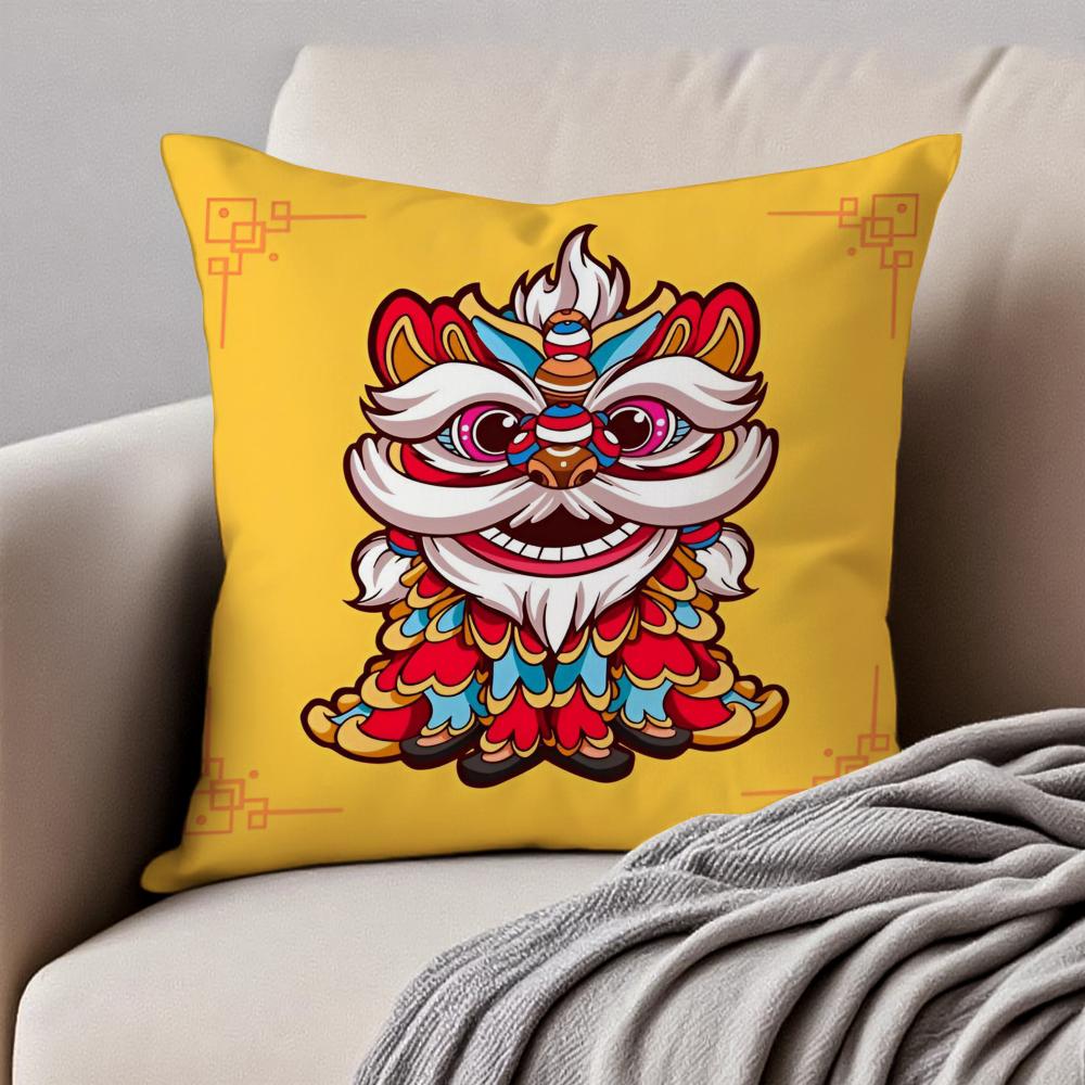 Traditional Dancing Lion Anime Lucky Cushion Cover Pillowcase Antidustmite Invisible Zipper Short Plush Sofa Cushion
