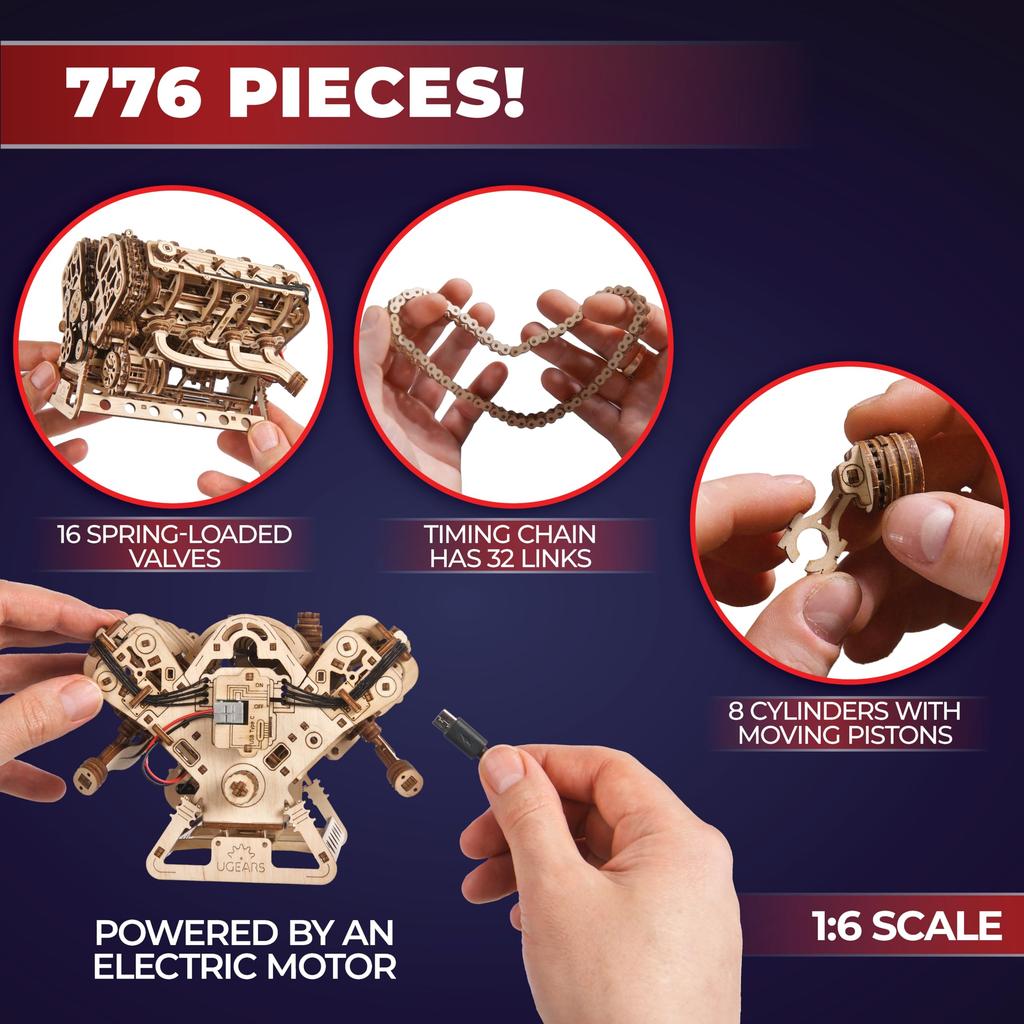 Ugears V8 Engine Puzzle Wooden Craft Model No Glue or Tools Required - -