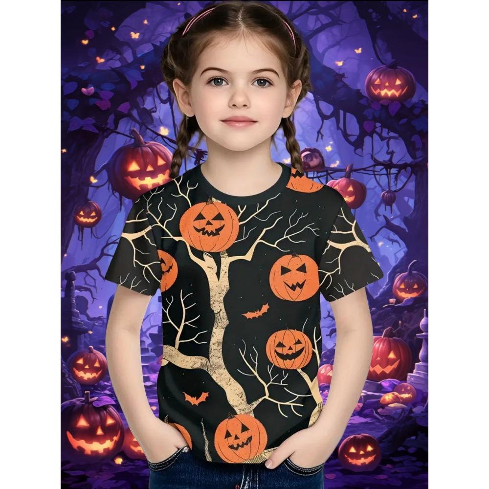 Girl Clothes Funny Pumpkin Graphic T Shirt Halloween Boys Girls Summer Short Sleeves T-Shirt 2-13y Halloween Gift Party T-Shirt