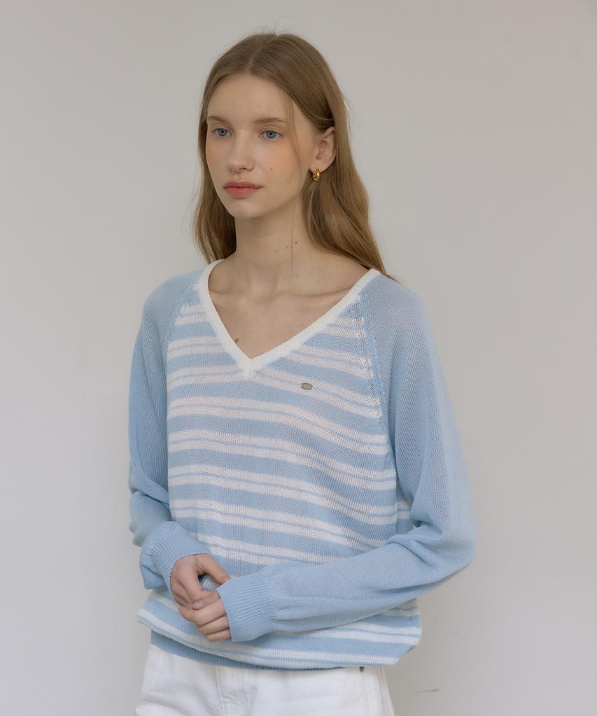 OURHOPE Linen Raglan Striped V-Neck Knit - Sky Blue