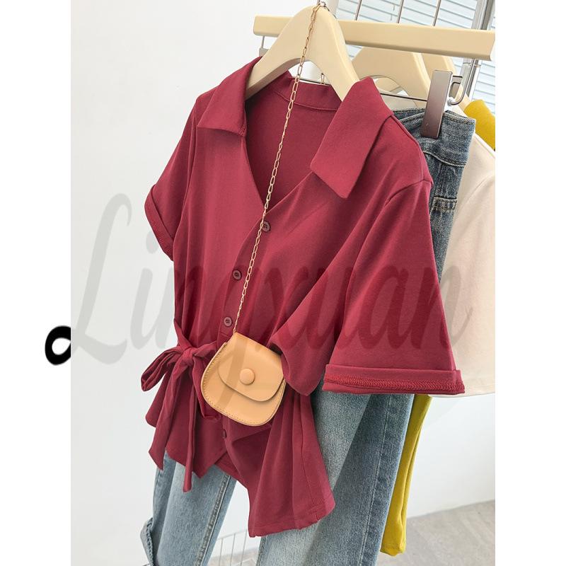 

2026 Summer Plus Size Women s Chic Irregular Waist Tie-Up Short Sleeve T-Shirt XL червоний