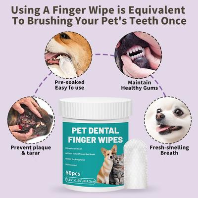 50Piece Dental Finger Wipes for Dogs Cats Plaque Reducing Teeth Cleaning Kit with Breath Freshener Portable for Travel Home Use