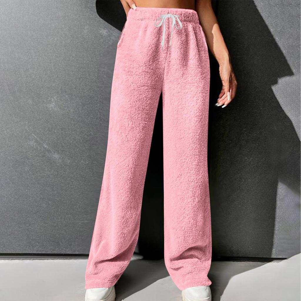 Women Pajama Pants Plush Sleep Pants Soft Elastic Waist Pajama Bottoms Solid Color Pants With 2 Pockets