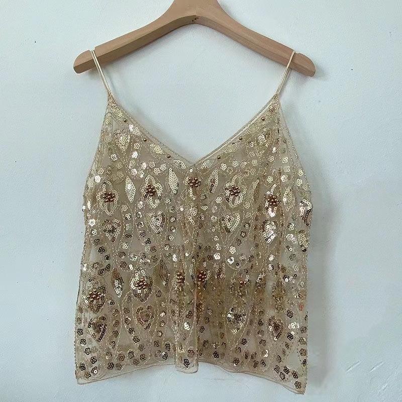 Women's Summer Sequin Beaded Deep V-Neck Crop Cami – Sparkly Sleeveless Layering Tank Top, Sexy Slimming Clubwear