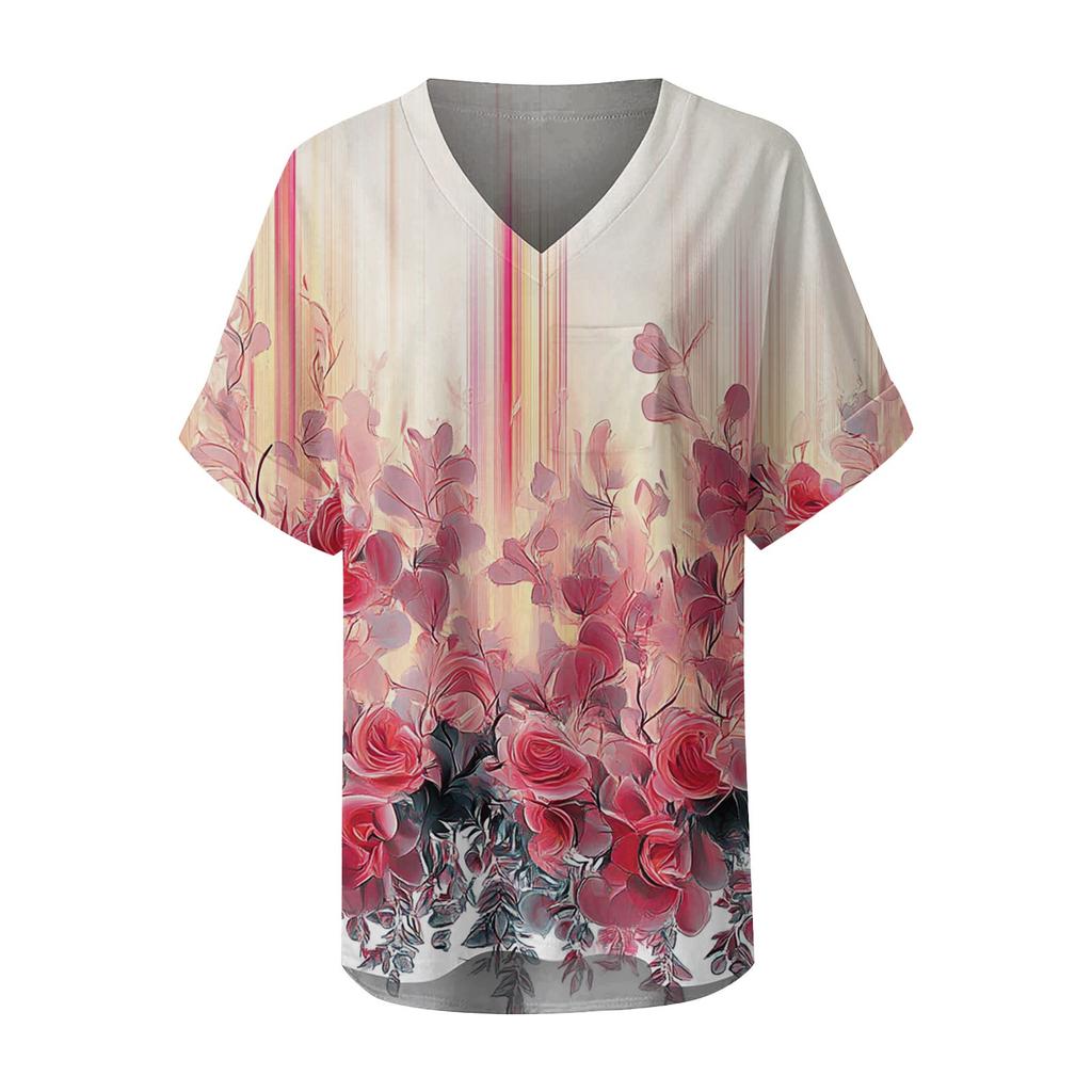 Women's Fashion Pocket V-neck Short Sleeve Plant Floral Print T-shirt Top