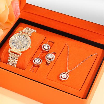 5Pcs Personalized Luxury Women's Gold Quartz Watch with Diamonds Geometric Round Girl Pendant Necklace Earrings Ring Jewelry Set