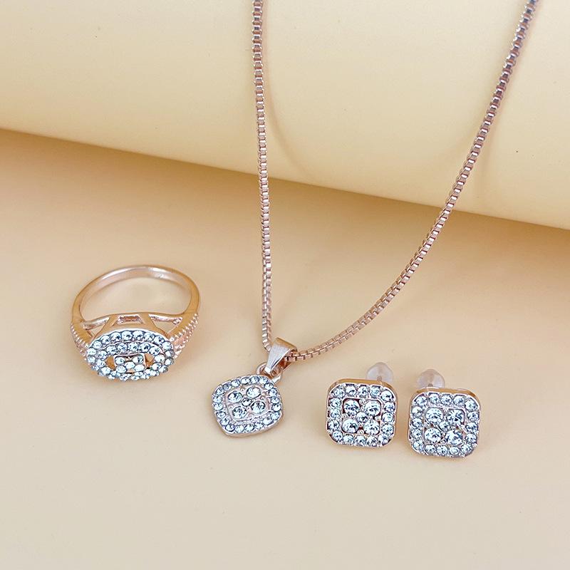 Versatile Jewelry Set: Rhinestone Earrings, Ring, Bride's Three-Piece Fashion Set