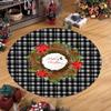 Vintage Holiday Round Rug Merry Christmas Carpet Buffalo Plaid Area Mat Retro Snowman Sleigh Living Room Bedside Decor Item
