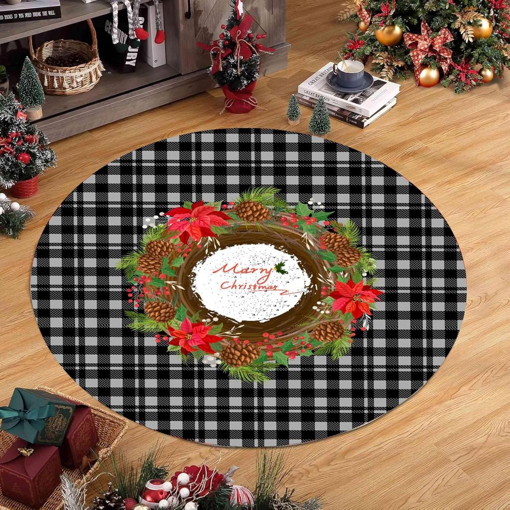 Vintage Holiday Round Rug Merry Christmas Carpet Buffalo Plaid Area Mat Retro Snowman Sleigh Living Room Bedside Decor Item