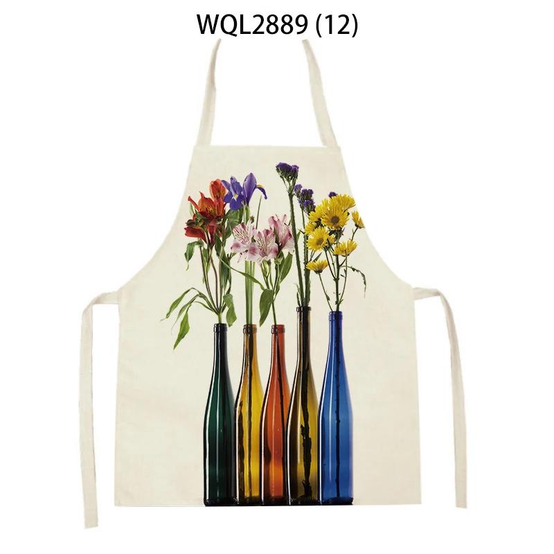 Adult Kids Flower Pattern Cleaning Kitchen Aprons Home Cooking Baking Linen Waist Bibs Vase Flower Art Antifouling Pinafore