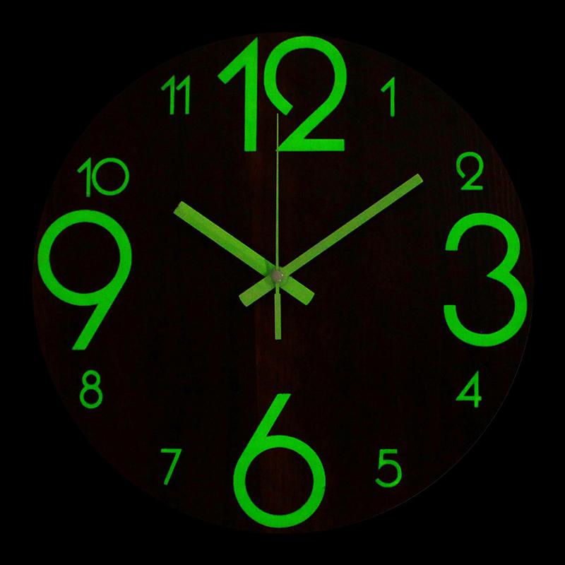 Round Luminous Wall Clock Glow In Dark Wooden Silent NonTicking Modern Style for Bedroom Decor