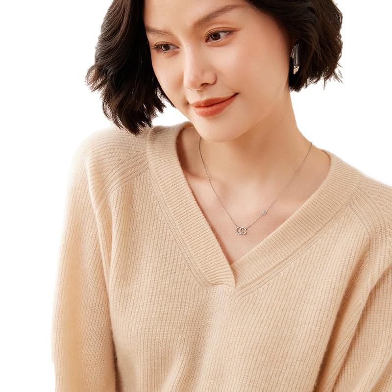 2025 Autumn/Winter Women's Cashmere V-Neck Sweater - Long Sleeve, Solid Color, Versatile, Skin-Friendly, Loose Fit