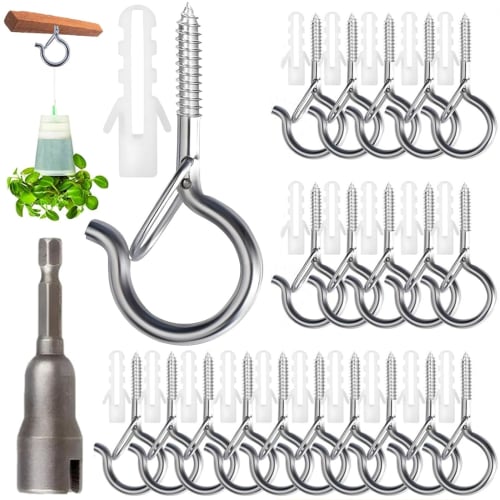 20-Piece Ceiling Hook Set, 53mm Long, with Safety Buckle Design, Screw-In Type, Ideal for Hanging Wind Chimes and Other Items, Includes Plastic Expans