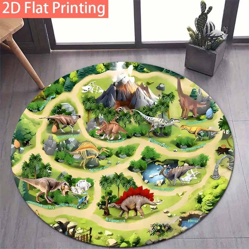 Round Dinosaur World Map Print Rug Non-slip Floor Mat for Kids Room Playroom Bedroom Home Decoration
