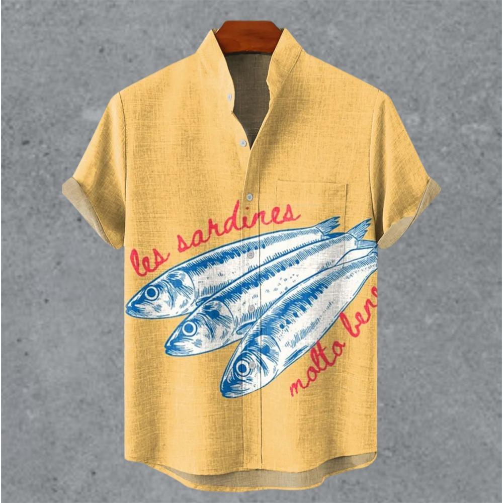 Art retro vintage men's shirt with mottled marks, standing collar printed short sleeved shirt, casual and comfortable top