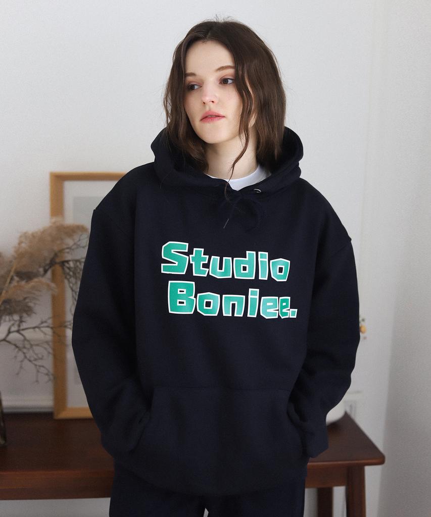 [Fleece Lined] Block Typo Graphic Oversized Hoodie Navy