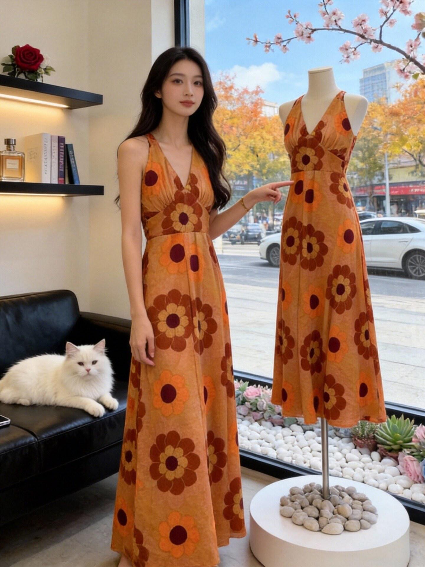 

Elegant Bohemian V-Neck Dress - Perfect for Beach Vacations or Trips to Thailand M