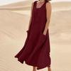 Vestido Maxi de Lino para Mujer Casual de Verano Holgado Sin Mangas Boho Tipo Camiseta Cuello Redondo Vestido de Sol para Vacaciones en la Playa con Bolsillos