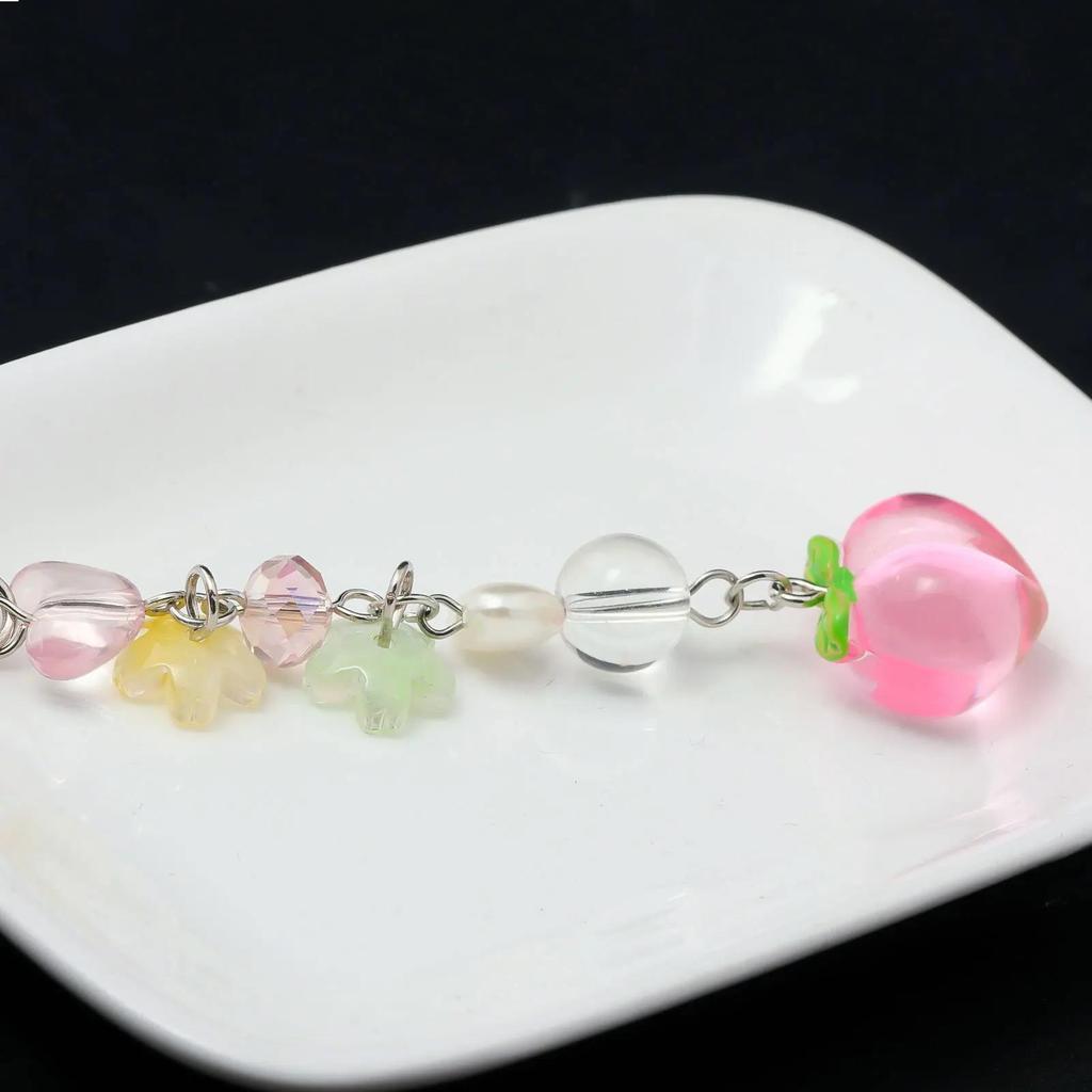 Simple Love Peach Flowers Cell Phone Lanyard Teenage Girl Love Peach Beads Small Fresh Keychain Lanyard