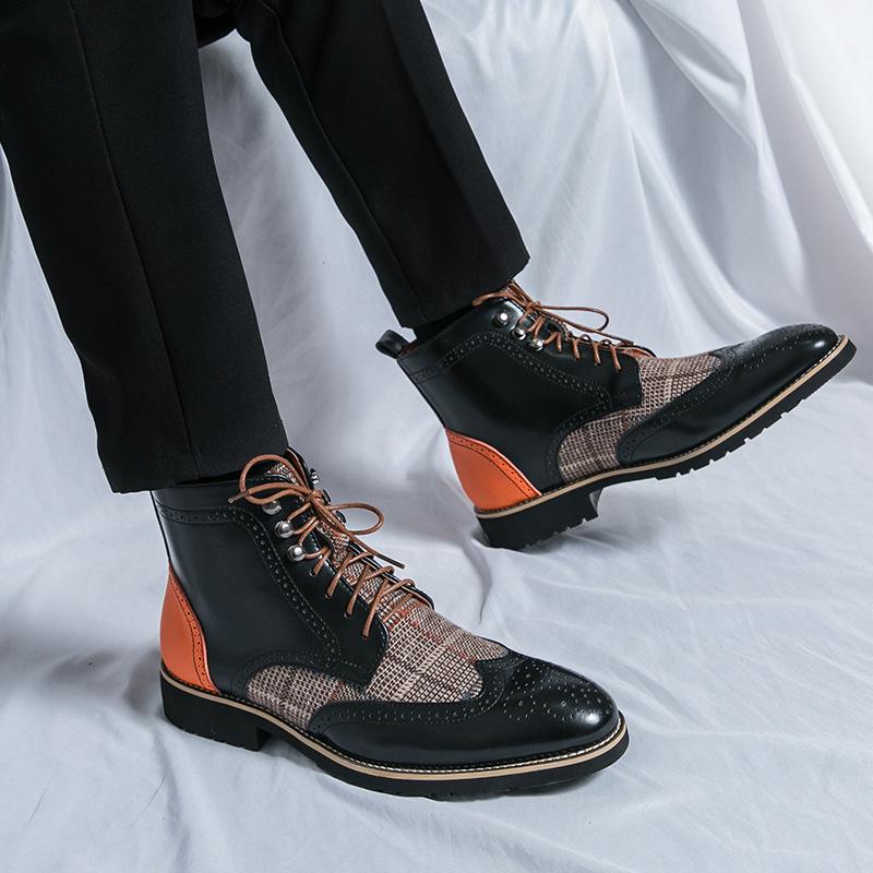 British Men's Mid-High Leather Brogue Boots: Fashionable Retro Business-Casual, Pointed Toe, Height-Increasing.