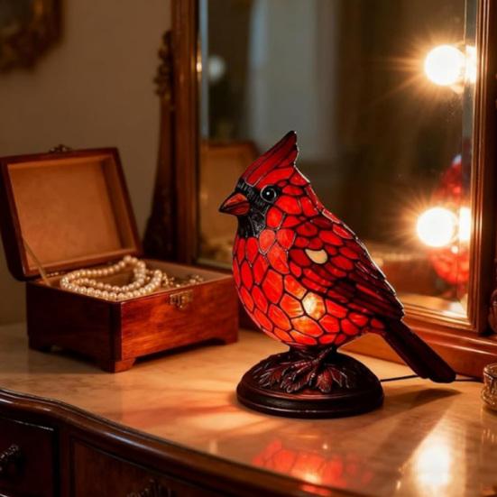 Rote Vogel Tischlampe Buntglasstil Nachttisch Vogellampe Handgefertigtes Rotes Vogel Nachtlicht für Heimdeko Schlafzimmer Schreibtisch Weihnachtsgeschenk