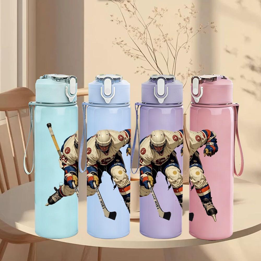1PC Ice Hockey Athlete Cartoon Print 750ml Color Plastic Sports Water Bottle Leakproof Flip Straw Lid Suitable for Sports Office Home Use