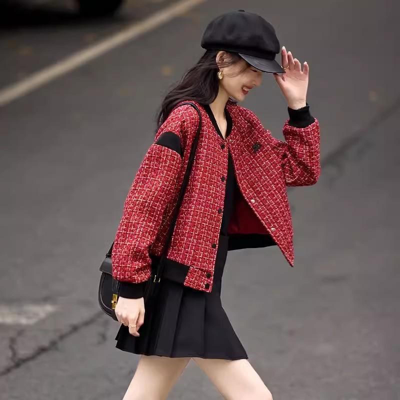 

Новое осеннее пальто для женщин, небольшой стиль аромата, контрастная бейсбольная форма, свободный топ, замедляющий старение 2XL красный