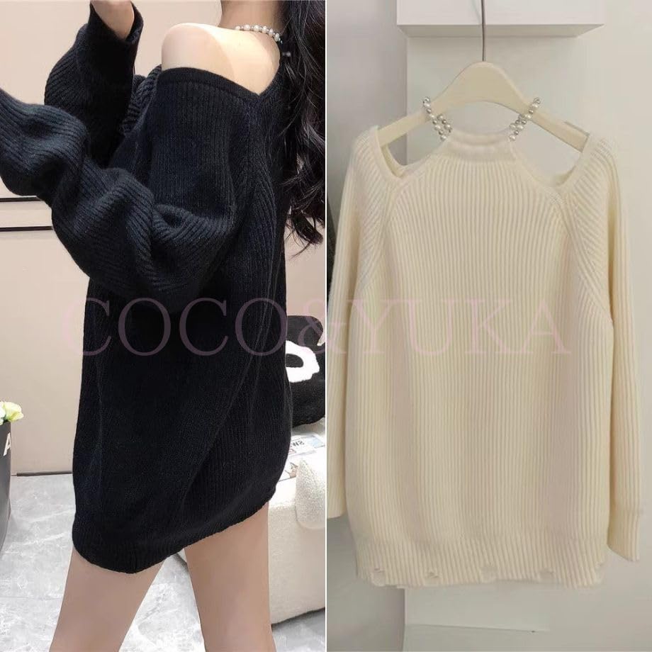 Coco Yuka Knit Sweater Mini Long Loose Sexy Tunic Solid Pearl Detail Size & Off-the-Shoulder Dress, Sleeves, Fit, Dress, Off-the-Shoulder, Cute,