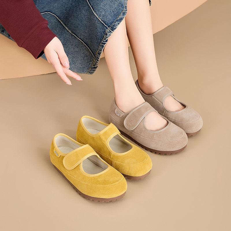 Mary Jane women's shoes spring new comfortable matte leather leather cute Velcro light mouth yellow shoes