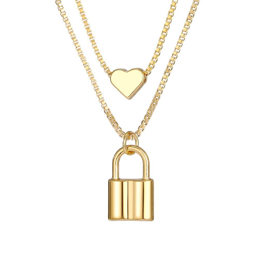 Ladies Titanium Steel Lock Two Layer Love Heart Pendant Necklace Jewelry