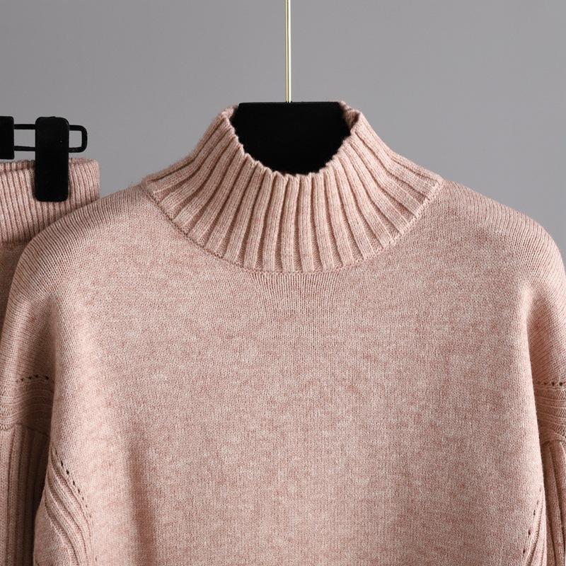 New Fashion Causal Knitted Pullover Suit Solid Color Half High Collar Wide Leg Pants Two Piece Set Autumn Winter