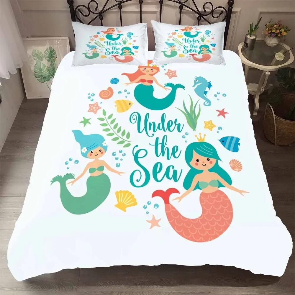 Print JellyfishUnicorn 2/3Pc Single Kids Black Cartoon Bedding Set Duvet Set With Pillowcases Mermaid Princess Bedset Twin Size