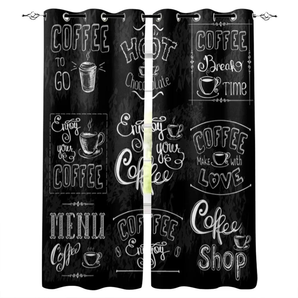 2panels Coffee Text Graffiti Black Background KitchenWindow Curtain for Living Room Bedroom Home Decor Kitchen for Window Drapes for daily use