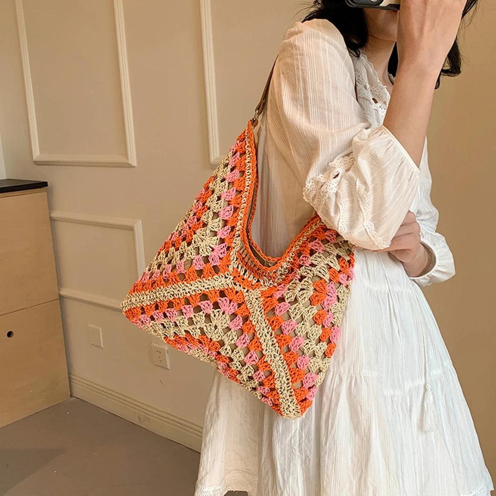 2025 Summer Straw Knitting Bag Hollow Out Tote Bag Solid Beach Shoulder Bag Holiday Travel Handbag Boho Shoulder Purse for Women