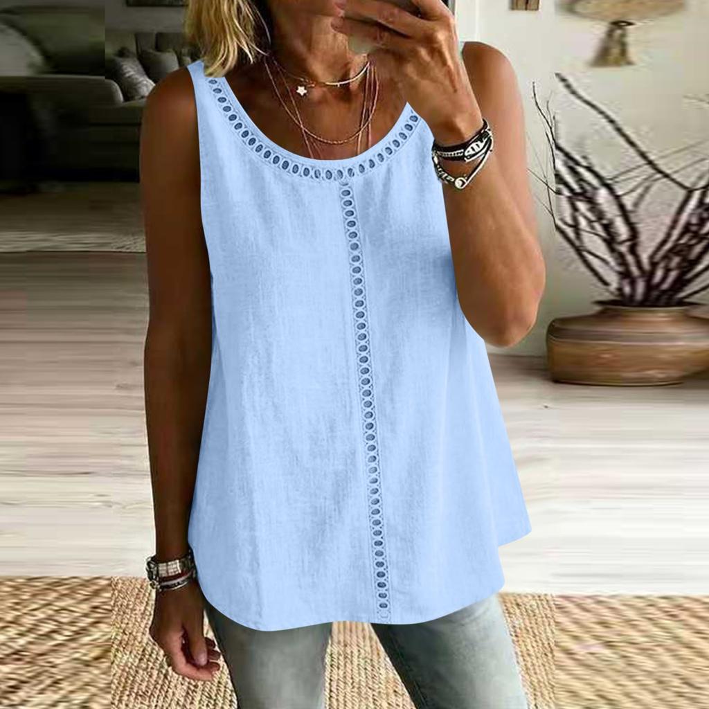 Women Sleeveless Hollow Out Tank Top Loose Fit Casual Solid Color Blouse Summer Lightweight Breathable Tunic Shirt