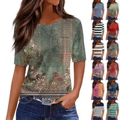 Camisetas para mulheres plissadas gola redonda elegante blusas casuais estampadas manga curta verão tops soltos ajuste