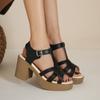 Damen Sommer Neue Einfarbige Riemen-High-Heel-Sandalen mit Blockabsatz und Rundem Zehen